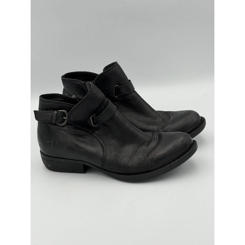 Born Black Leather Ankle Boots Strap Low Heel Women's 5.5